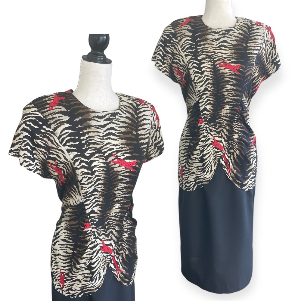 Vintage 80s Does 40s Animal Print Justine Peplum Structured Dress Midi Size 4 6